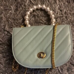 Elegant Mint Green Quilted Handbag with Pearl Handle